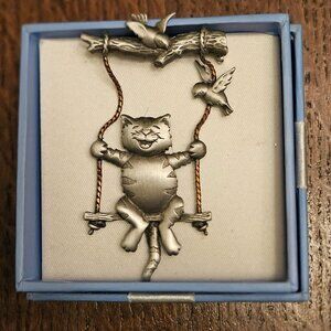 Vintage 1980's Pewter Pin. Cat on Swing. By J.J. Jonette